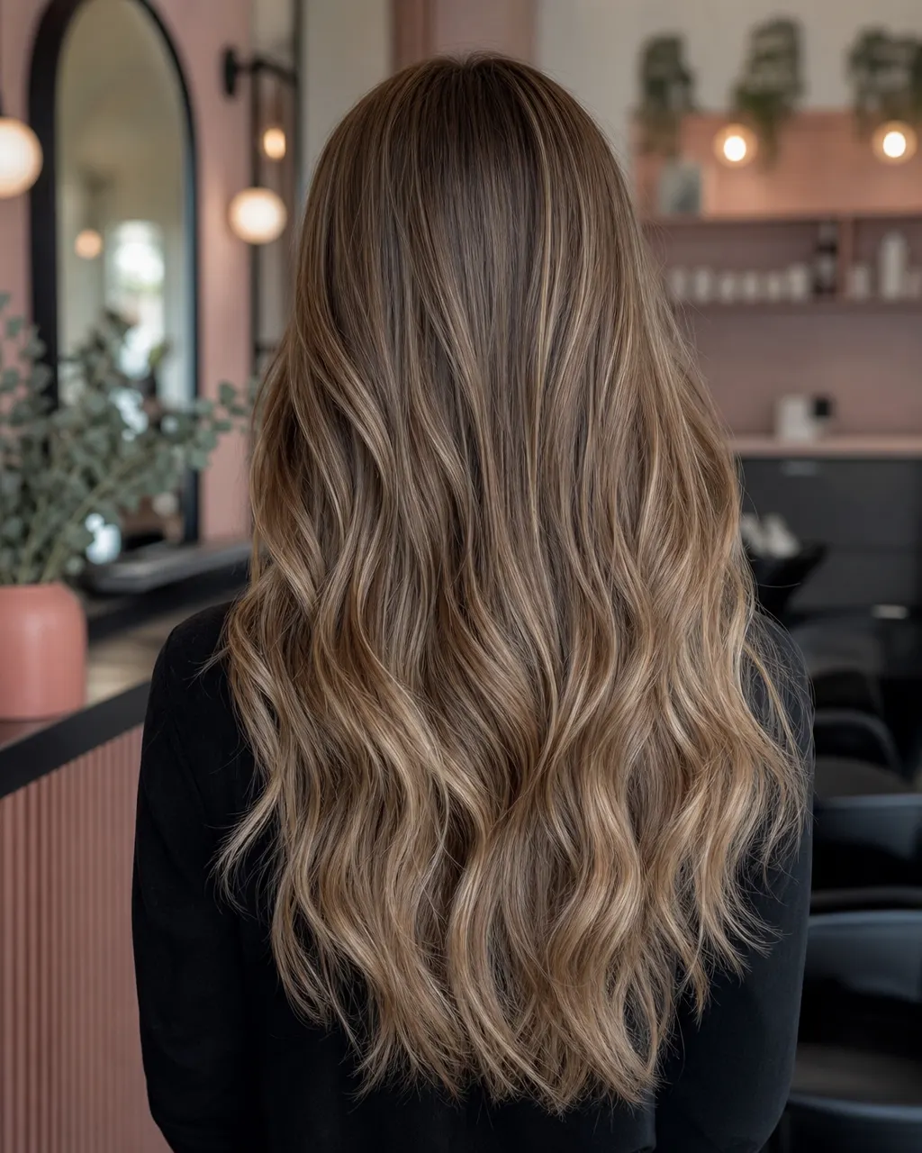 Balayage på mörkblont hår, fotograferat bakifrån i salongen